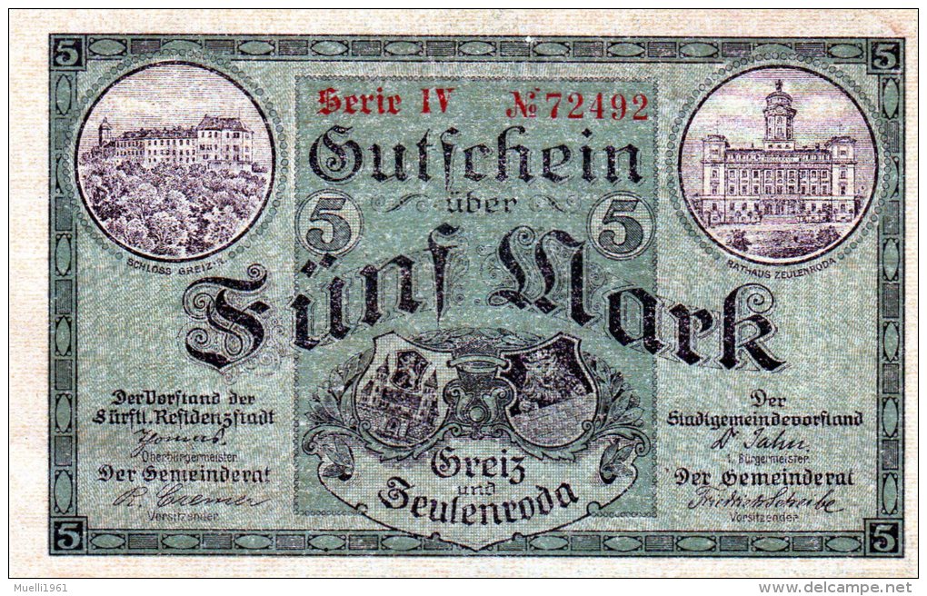 Nr. 6506, Notgeld, Gutschein über 5 Mark Greiz Und Zeulenroda 1918 - Other & Unclassified