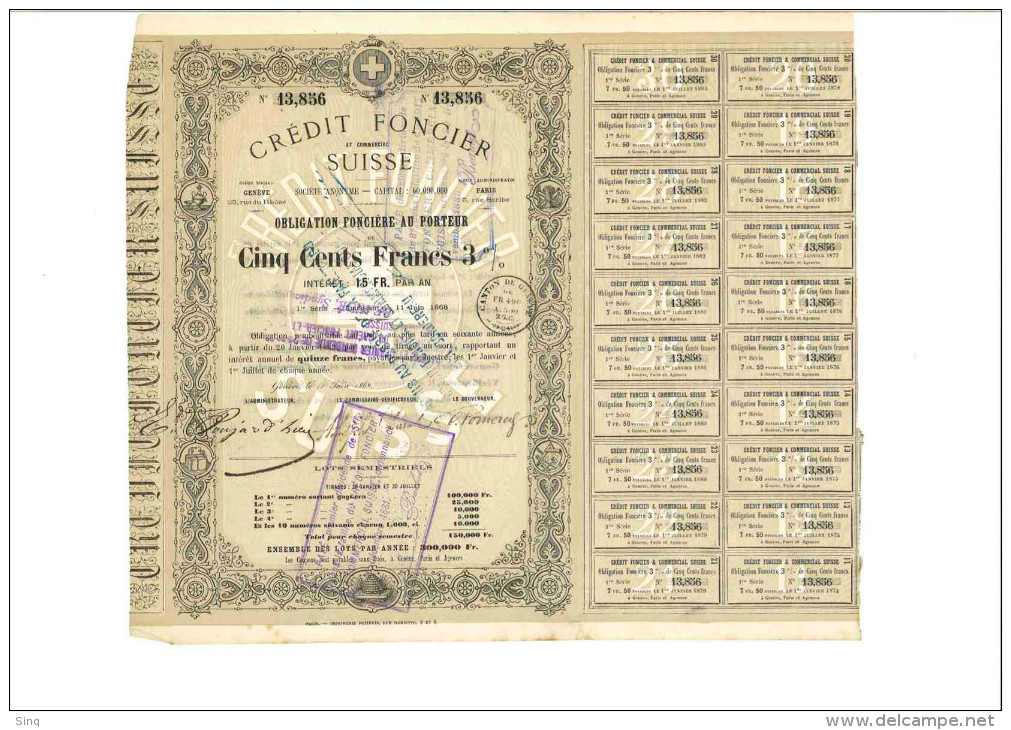 Crédit Foncier Suisse - Obligation De 500 Francs 3% - 11 Juin 1868 - Banque & Assurance