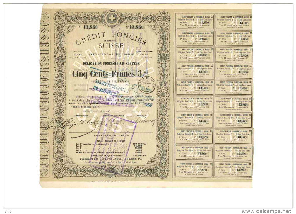 Crédit Foncier Suisse - Obligation De 500 Francs 3% - 11 Juin 1868 - Banque & Assurance