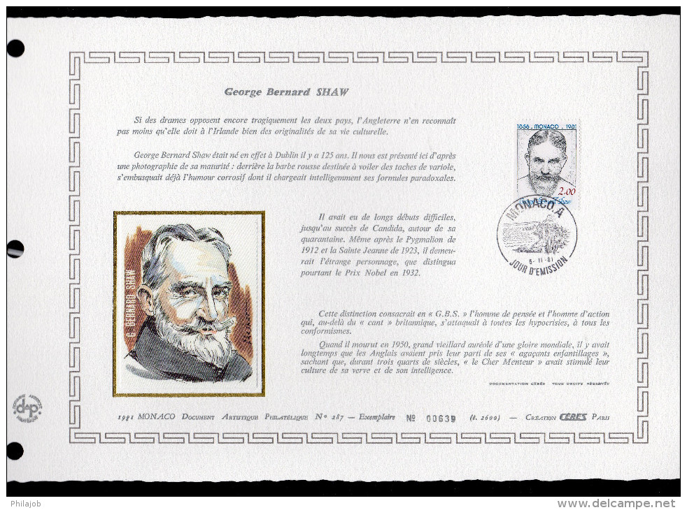 MONACO 1981 : DAP 1er Jour Nté / Soie RARE (2600 Ex) " G. B. SHAW, NOBEL DE LITTERATURE 1925 " N°YT 1291. Parf état. FDC - Nobelpreisträger