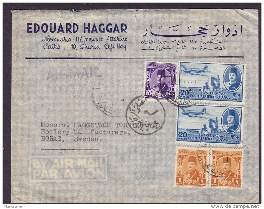 Egypt Egypte AIRMAIL Line Cds. EDOUARD HAGGER, ALEXANDRIA Cover Lettre BORÅS Sweden 2x Poste Arienne 3x King Roi Timbres - Airmail