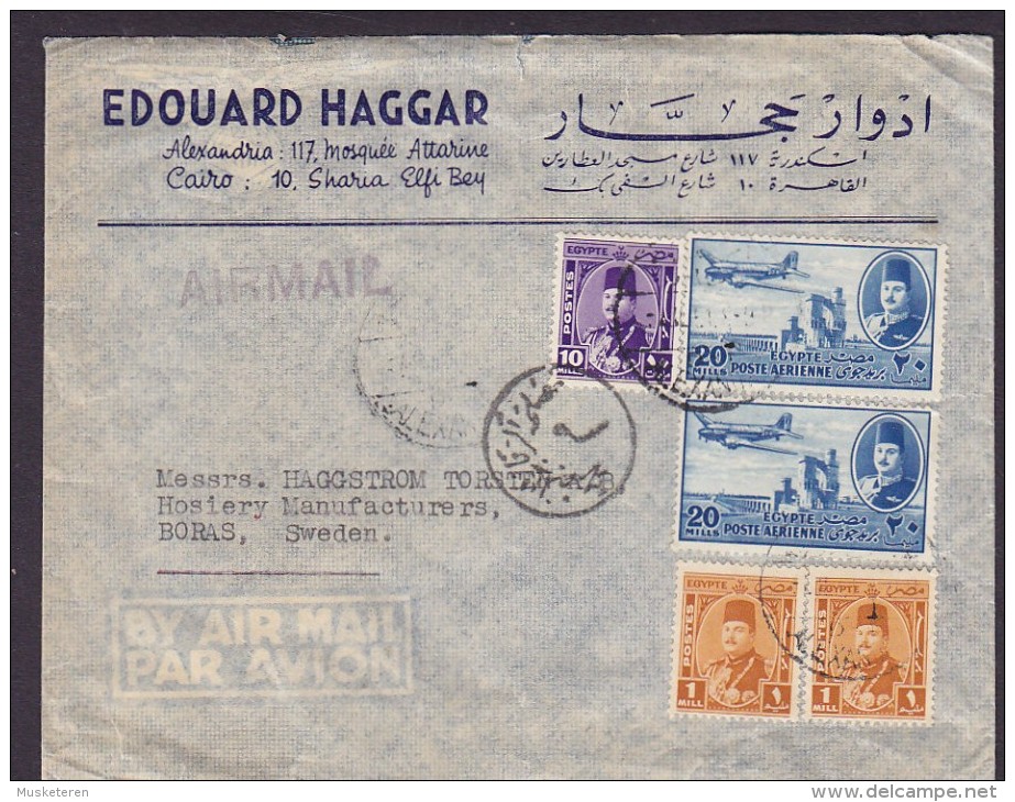 Egypt Egypte AIRMAIL Line Cds. EDOUARD HAGGER, ALEXANDRIA Cover Lettre BORÅS Sweden 2x Poste Arienne 3x King Roi Timbres - Poste Aérienne