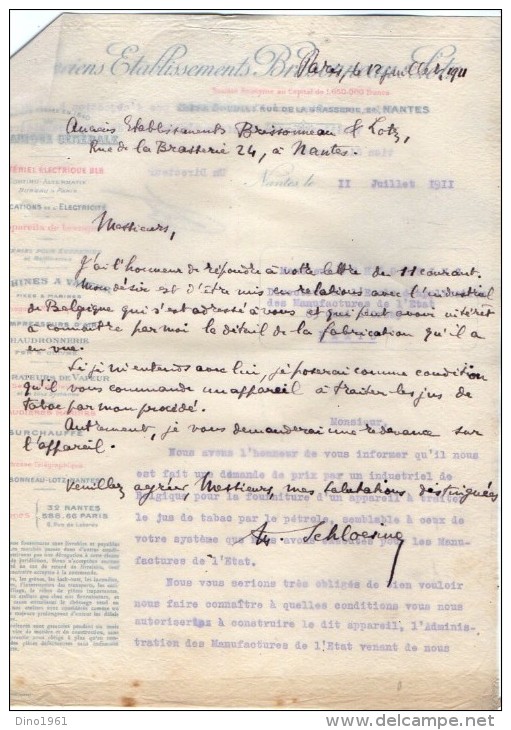 VP3567 - Tabac - Lettre Des Anciens Ets BRISSONNEAU & LOTZ Mécanique Générale à NANTES Pour  Mr Th. SCHOESING à PARIS - Documents