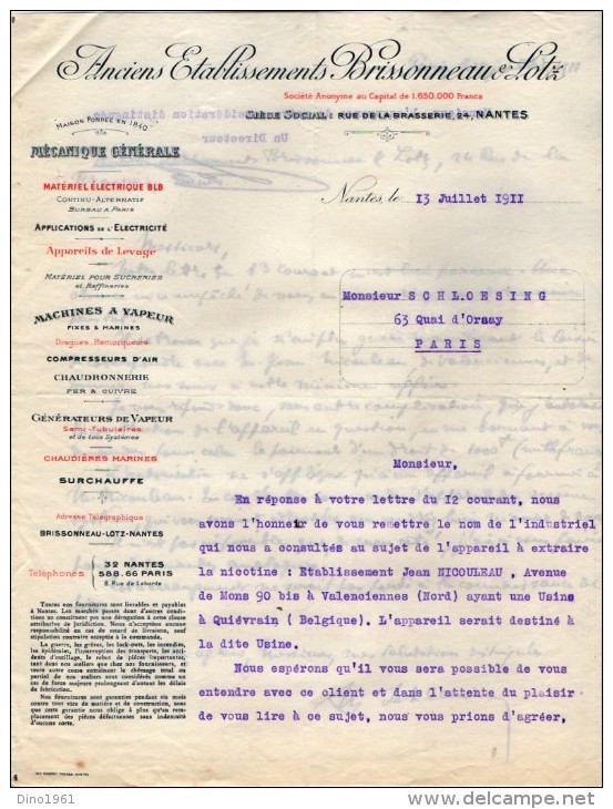 VP3568 - Tabac - Lettre Des Anciens Ets BRISSONNEAU & LOTZ Mécanique Générale à NANTES Pour  Mr Th. SCHLOESING à PARIS - Dokumente