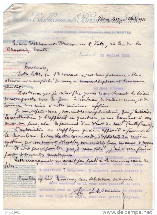 VP3568 - Tabac - Lettre Des Anciens Ets BRISSONNEAU & LOTZ Mécanique Générale à NANTES Pour  Mr Th. SCHLOESING à PARIS - Documenten