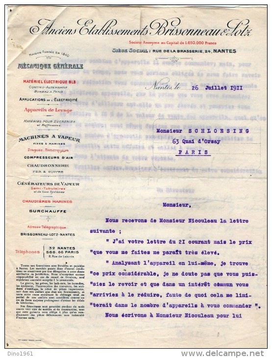 VP3569 - Tabac - Lettre Des Anciens Ets BRISSONNEAU & LOTZ Mécanique Générale à NANTES Pour  Mr Th. SCHLOESING à PARIS - Dokumente