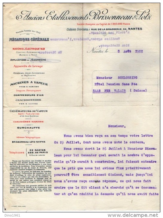 VP3569 - Tabac - Lettre Des Anciens Ets BRISSONNEAU & LOTZ Mécanique Générale à NANTES Pour  Mr Th. SCHLOESING à PARIS - Documentos