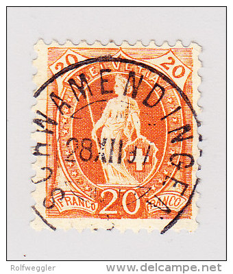 Heimat ZH SCHWAMMENDINGEN 28.12.1897 2-Kreis Stempel Auf 20Rp Stehende Helvetia - Gebraucht