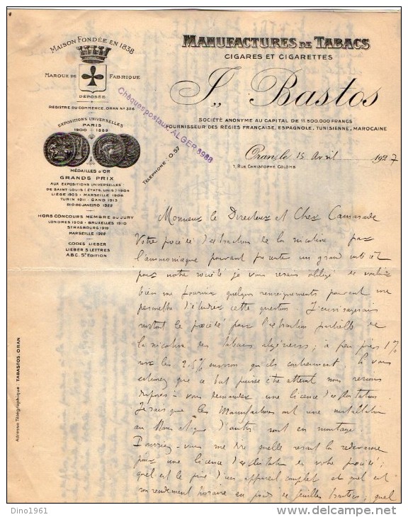 VP3571 - Tabac - Lettre Des Manufactures De Tabacs P. BASTOS à ORAN Pour  Mr Th. SCHLOESING à PARIS - Documents