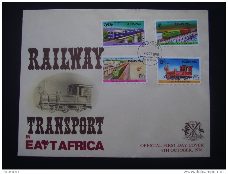 KENYA 1976 ILLUSTRATED OFFICIAL  FDC With FULL SET (4 Values) Of The RAILWAY TRANSPORT Issue. - Kenya (1963-...)