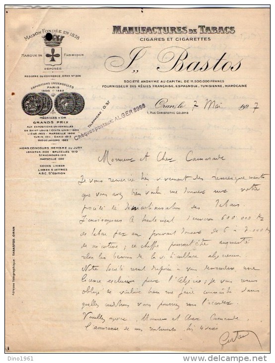 VP3572 - Tabac - Lettre Des Manufactures De Tabacs P. BASTOS à ORAN Pour  Mr Th. SCHLOESING à PARIS - Documenten