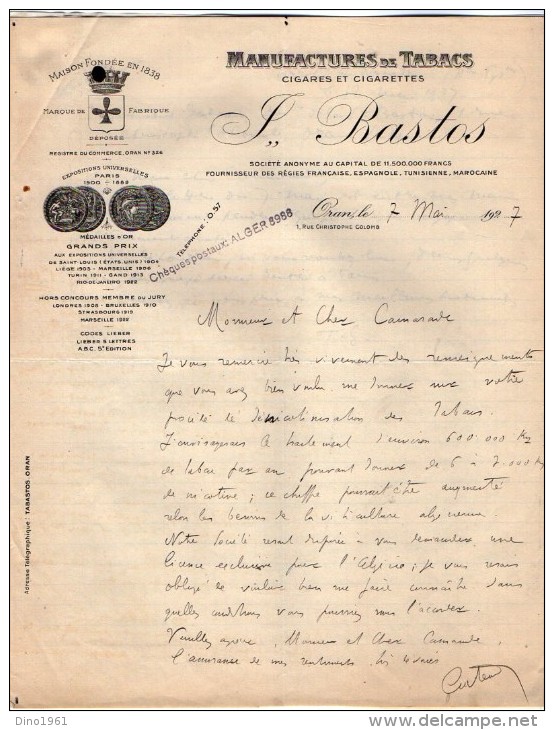 VP3572 - Tabac - Lettre Des Manufactures De Tabacs P. BASTOS à ORAN Pour  Mr Th. SCHLOESING à PARIS - Documentos
