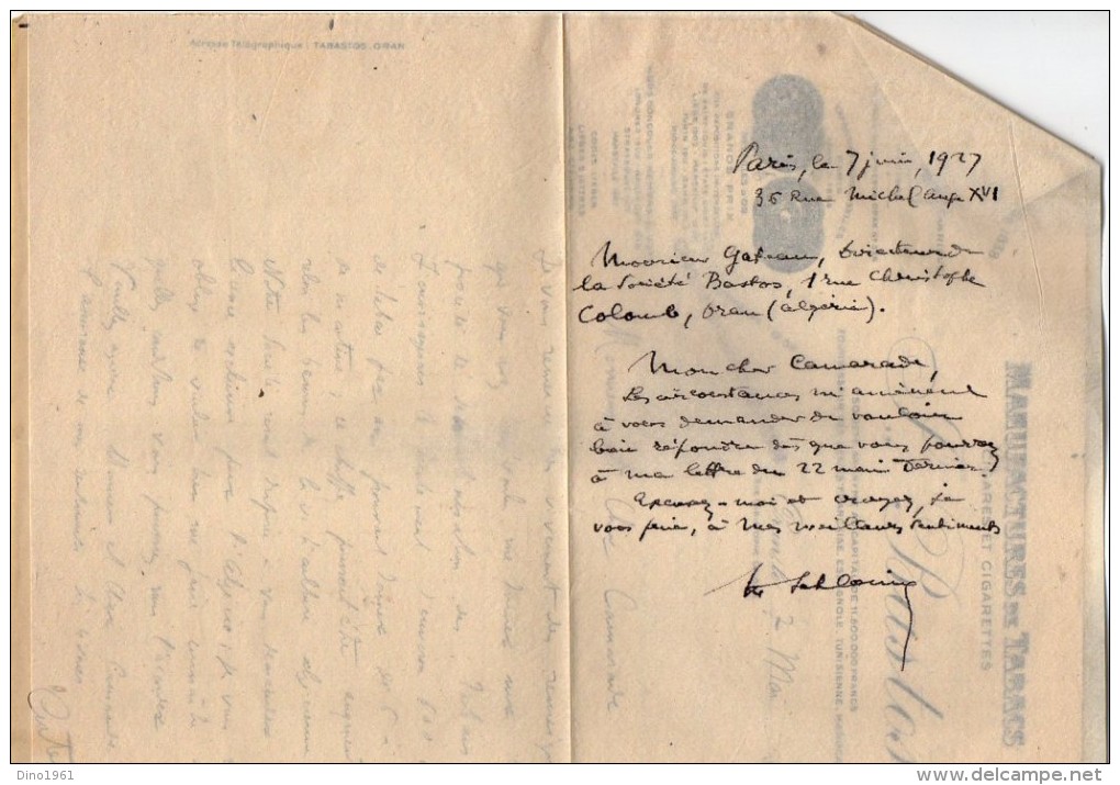 VP3572 - Tabac - Lettre des Manufactures de Tabacs P. BASTOS à ORAN pour  Mr Th. SCHLOESING à PARIS