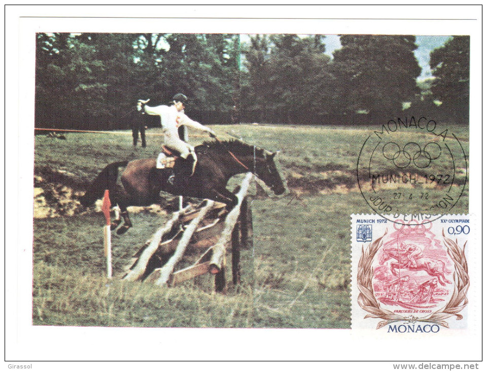 CPSM CHEVAL DE COURSE XX EME OLYMPIADES DE MUNICH 1972 PARCOURS DE CROSS  1 ER JOUR MAXIMUM TIMBRE 1972 MONACO - Chevaux