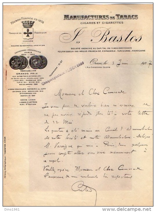 VP3573 - Tabac - Lettre Des Manufactures De Tabacs P. BASTOS à ORAN Pour  Mr Th. SCHOESING à PARIS - Documents