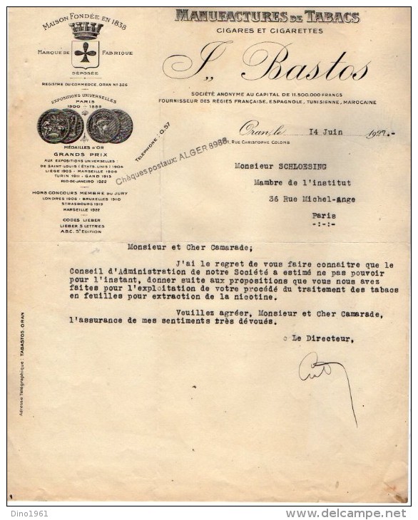 VP3574 - Tabac - Lettre Des Manufactures De Tabacs P. BASTOS à ORAN Pour  Mr Th. SCHLOESING à PARIS - Documenti