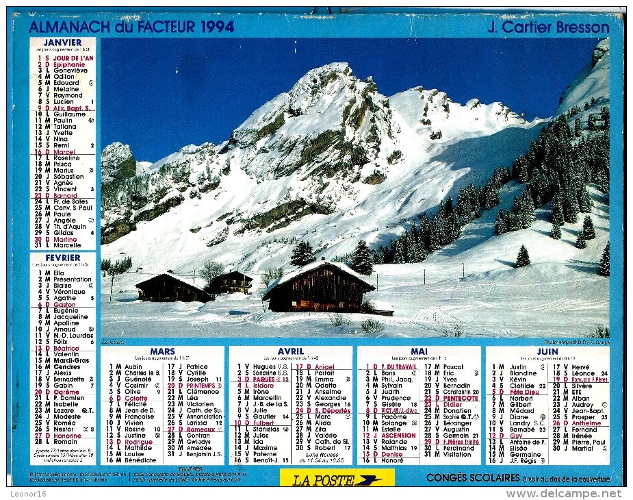 ALMANACH DES P.T.T 1994 (57)   -  Complet ** LA CLUZAZ - LES PRAZ EN ETE ** Calendrier *J. CARTIER BRESSON - Tamaño Grande : 1991-00