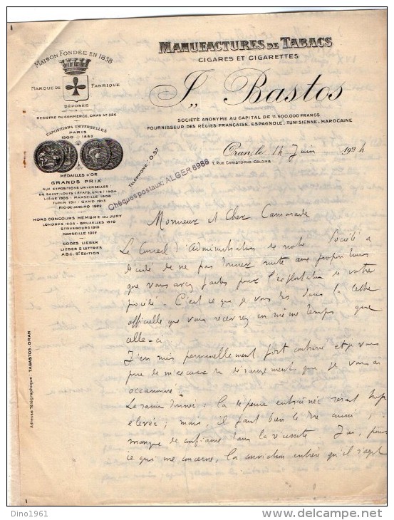 VP3575 - Tabac - Lettre Des Manufactures De Tabacs P. BASTOS à ORAN Pour  Mr Th. SCHLOESING à PARIS - Documentos