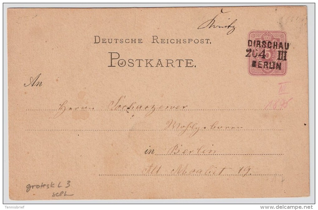 Bahnpost, 1875, " DIRSCHAU - BERLIN " , L3 Grotesk , #5558 - Briefe U. Dokumente