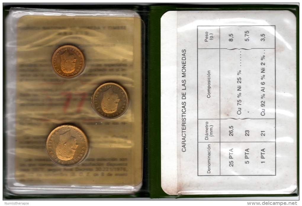 Pruebas Numismáticas : Fabrica Nacional De Moneda Y Timbre Madrid : Mint Set De 3 Pièces 1977 Avec La Pochette -  Verzamelingen