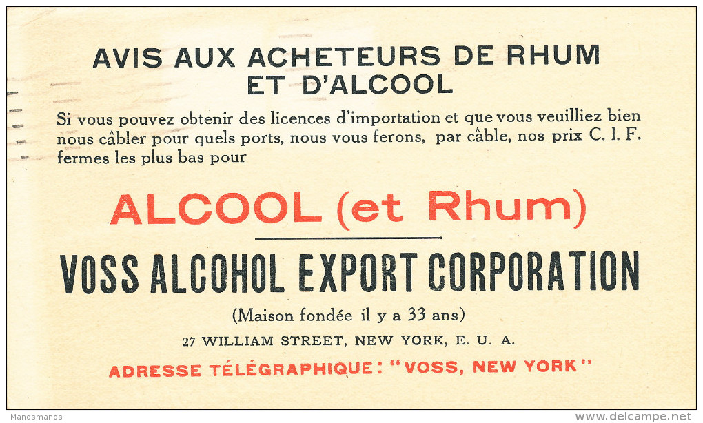 302/24 - ALCOOL Et RHUM  USA - Entier 2 Cents Repiqué NEW YORK 1919 - VOSS Alcohol Export Co. - Vins & Alcools