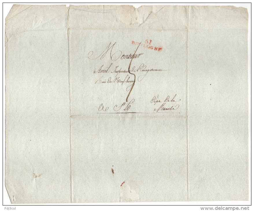 Lettre De Boulogne, Pour Saint LO (Manche), Port 5, Adressée à Monsieur Avril, Cachet Rouge De Boulogne, 61 - 1801-1848: Précurseurs XIX