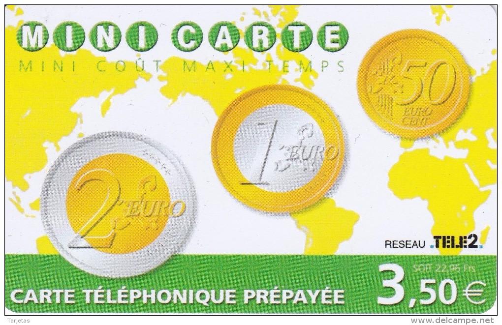 TARJETA DE FRANCIA CON UNAS MONEDAS DE EURO (COIN-MONEDA) TELE2 - Timbres & Monnaies