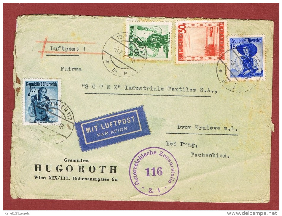 Luftpostbrief 1,55 Sch Wien - Dvur Kralova, C S R   9/10/1948 - Briefe U. Dokumente