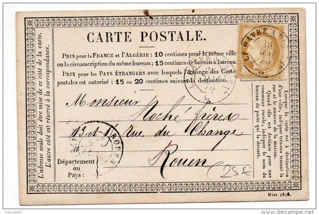 1876 - CARTE PRECURSEUR Avec CACHET CONVOYEUR "LE HAVRE A PARIS" Pour ROUEN - Poste Ferroviaire