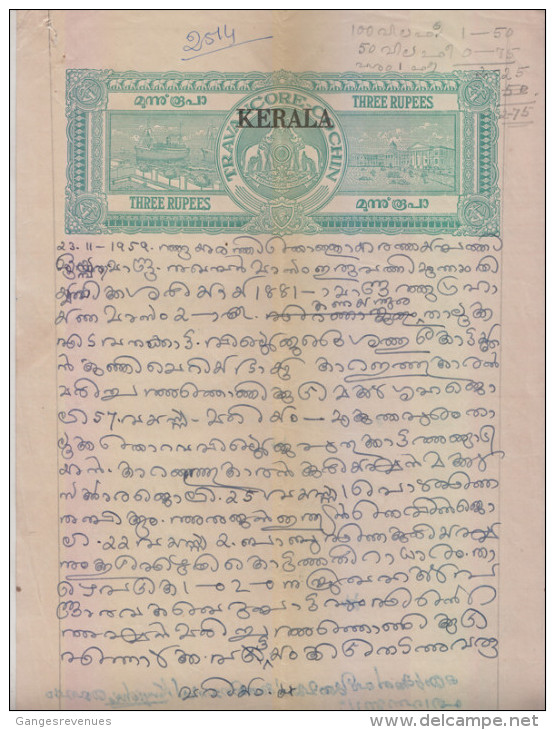 TRAVANCORE - COCHIN  3 Rs Elephants Stamp Paper O/P KERALA # 89930  Inde Indien Fiscaux Fiscal Revenue - Travancore-Cochin