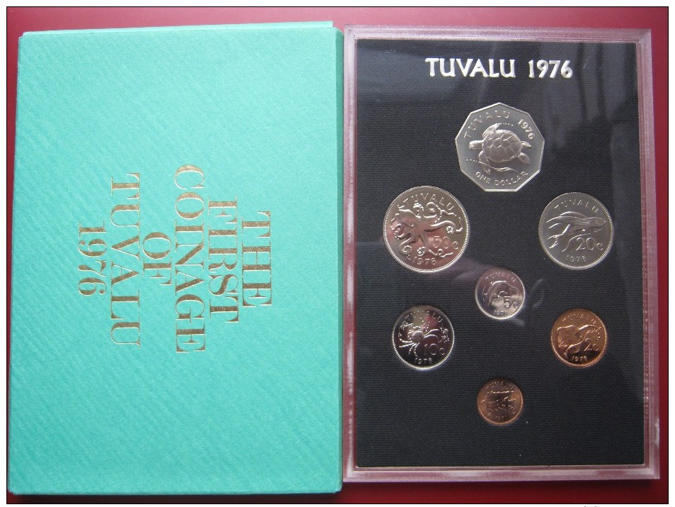 Tuvalu 1976 Coin Set Proof Royal Mint 1 Cent - 1 Dollar Cased In Green Envelope - Tuvalu