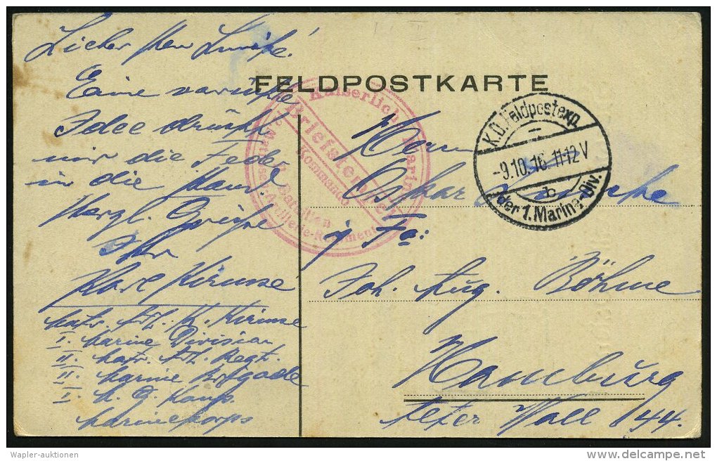 DT.BES.BELGIEN 1916 (9.10.) 1K-Steg: K. D. Feldpostexp./b/der 1. Marine-Div. (Nr.1549) + Roter 2K-Steg-HdN:... - Other & Unclassified