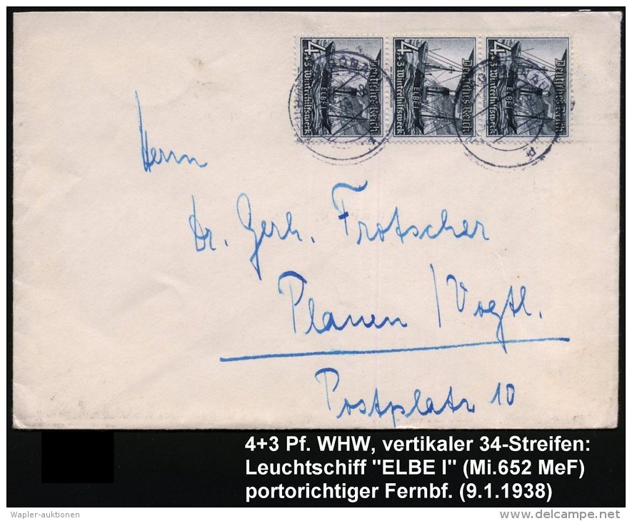 DEUTSCHES REICH 1938 (9.1.) 4 + 3 Pf. WHW, Reine MeF: Vertikaler 3er-Streifen = Leuchtfeuer-Schiff "Elbe I" ,... - Other & Unclassified