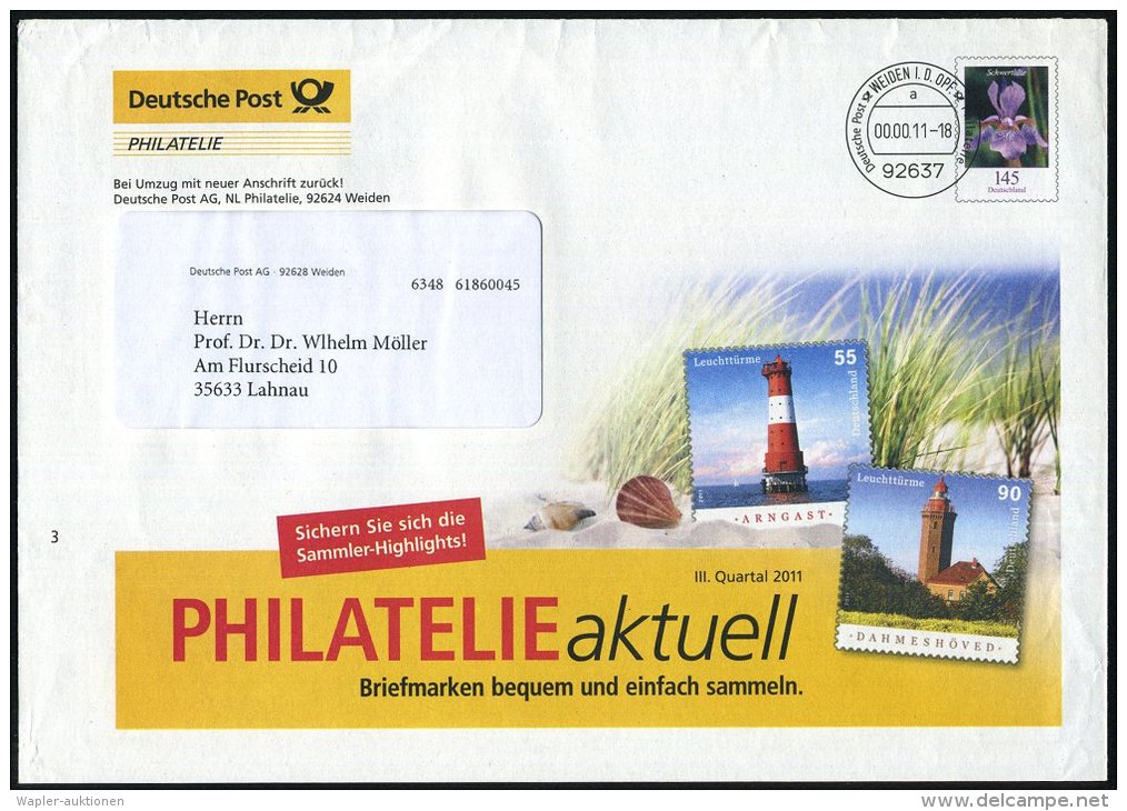 92637 Weiden/ Opf. 2011 145 C. DUB Schwertlilie: Deutsche Post PHILATELIE.. = Leuchtturm-Marken 55 C. Arngast U. 90... - Other & Unclassified