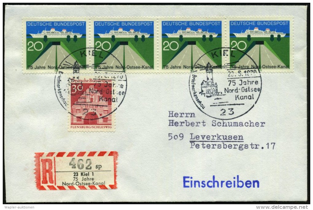 23 KIEL/ 75 Jahre/ Nord-Ostsee-Kanal.. 1970 (20.6.) SSt = Leuchtturm 2x Auf 4er-Streifen 20 Pf. Nord-Ostsee-Kanal... - Other & Unclassified