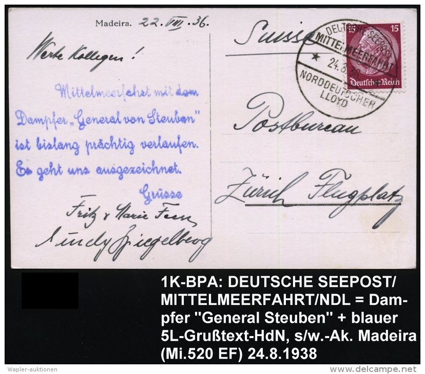 DEUTSCHES REICH 1936 (24.8.) 1K-BPA: DEUTSCHE SEEPOST/MITTELMEERFAHRT/**/ND/L Klar A.EF 15 Pf. Hindenbg. (Mi.520... - Sonstige & Ohne Zuordnung