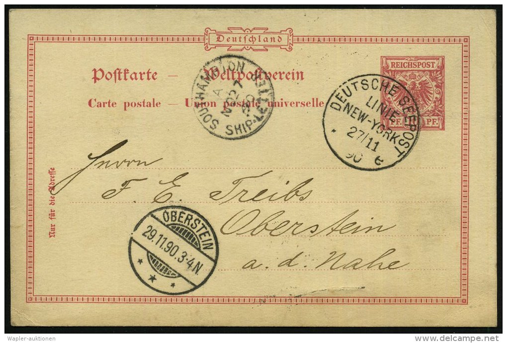 DEUTSCHES REICH 1890 (27.11.) 1K-BPA.: DEUTSCHE SEEPOST/LINIE/NEW-YORK/*e Vom Dampfer "Saale" + 1K-TS.:... - Sonstige & Ohne Zuordnung