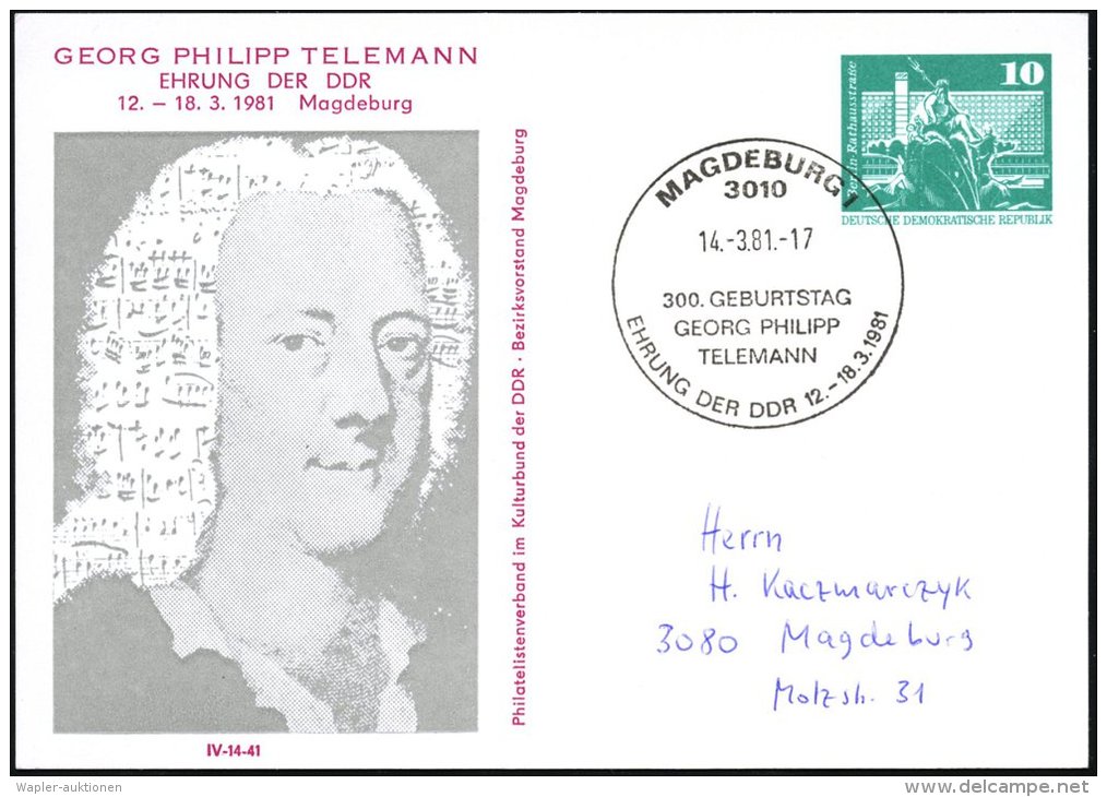 3010 MAGDEBURG 1/ 300.GEBURTSTAG/ GEORG PHILIP/ TELEMANN 1981 (14.3.) SSt Auf PP 10 Pf. Neptunbrunnen, Grün:... - Other & Unclassified