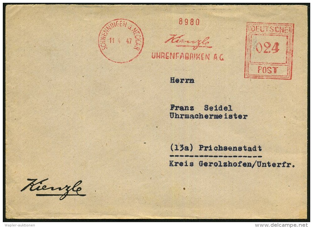 SCHWENNINGEN A.NECKAR/ Kienzle/ UHRENFABRIKEN AG. 1947 (11.4.) Seltener AFS-Typ "Hochrechteck" Klar Auf Firmen-Bf.:... - Other & Unclassified