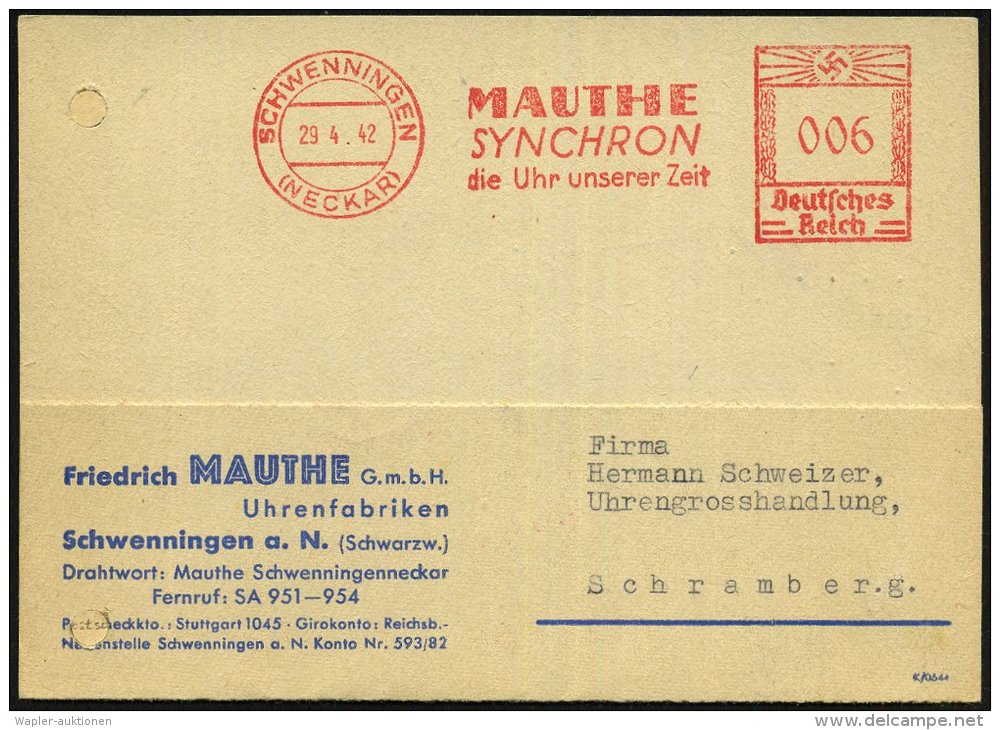 SCHWENNINGEN/ (NECKAR)/ MAUTHE/ SYNCHRON/ D.Uhr Unserer Zeit 1942 (29.4.) AFS (Kt. Reg. Lochung Geschl.)... - Other & Unclassified