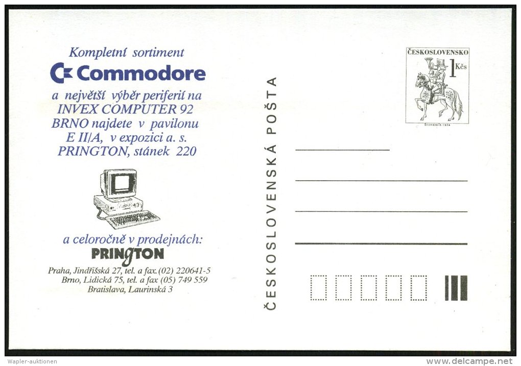 TSCHECHOSLOWAKEI 1992 Reklame-PP 1 Kcs. Postreiter: C-Commodore.. INVEX COMPUTER 92.. = Commodore-Computer ,... - Other & Unclassified