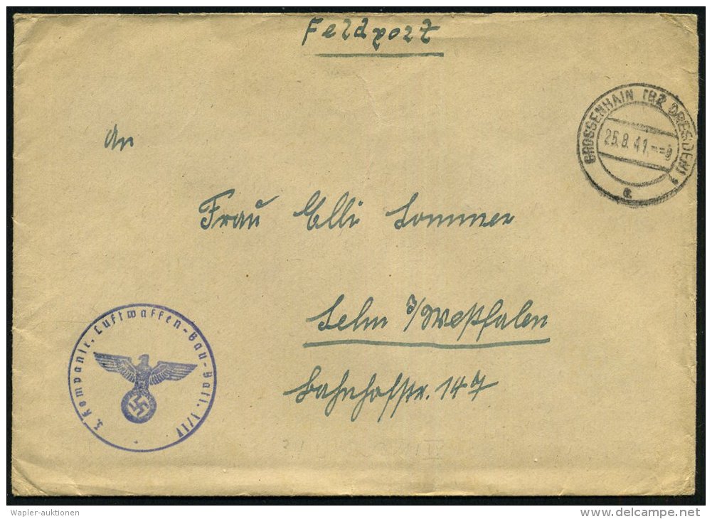 GROSSENHAIN (BZ DRESDEN) 1/ A 1941 (25.8.) 2K + Viol. 1K-HdN: 3. Kompanie Luftwaffen-Bau-Batl.I/IV + Rs. Hs. Abs.,... - Other & Unclassified
