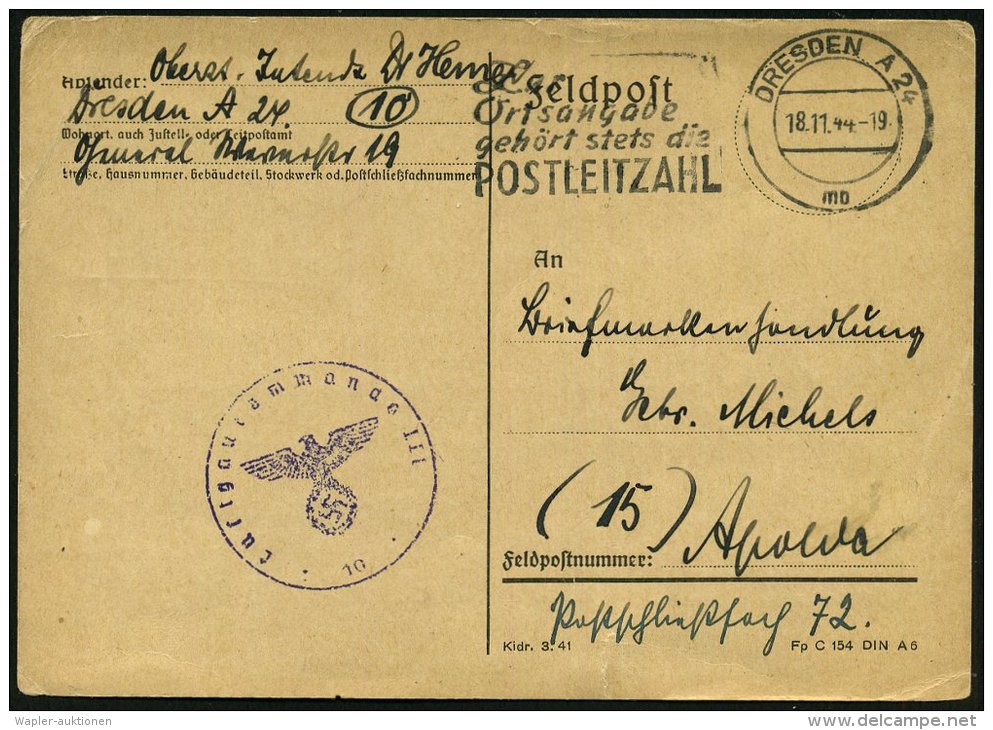 DRESDEN A 24/ Mb/ Zur/ Ortsangabe/ Gehört Stets Die/ POSTLEITZAHL 1944 (18.11.) MWSt + Viol. 1K-HdN:... - Other & Unclassified