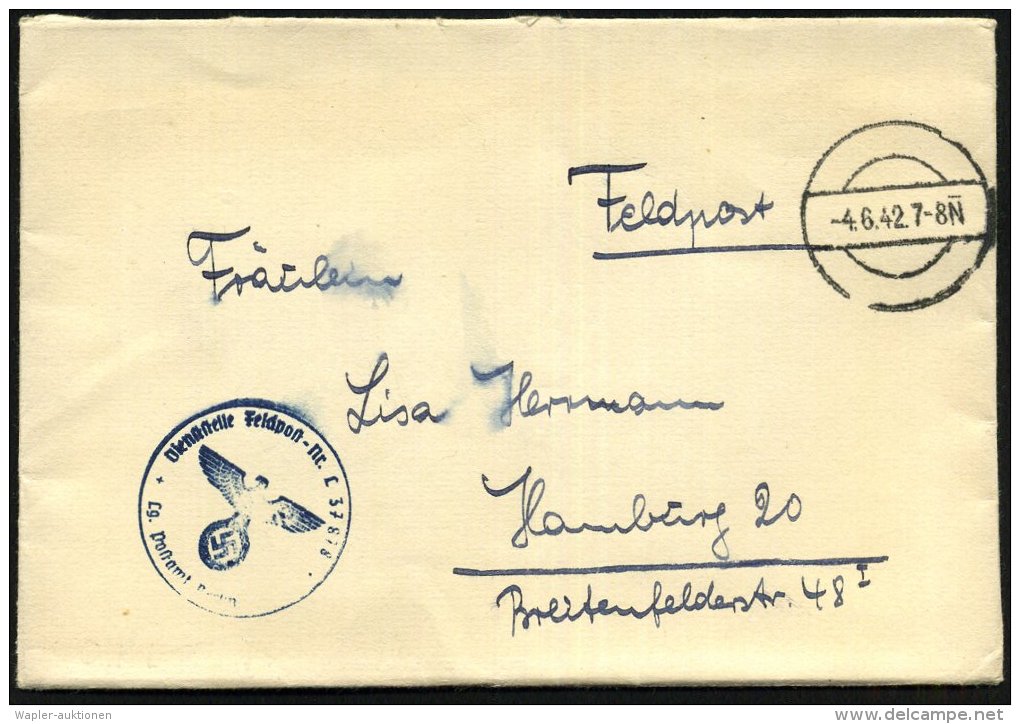 Berlin 1942 (4.6.) Stummer 1K-Steg = Tarnstempel Berlin + Blauer 1K-HdN: Feldpost-Nr. L 37 878/Lg. Postamt Berlin =... - Other & Unclassified