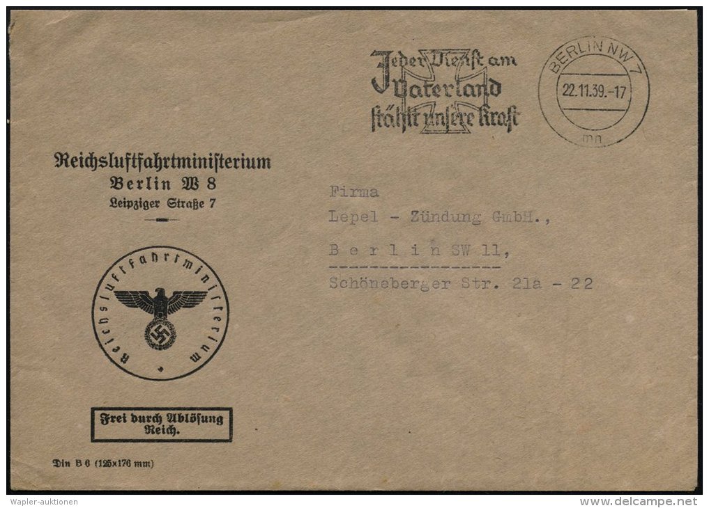 BERLIN NW7/ Mn/ Jeder Dienst Am/ Vaterland/ Stählt Unsere Kraft 1939 (22.11.) MWSt Auf Vordr.-Bf.: FdAR/... - Other & Unclassified