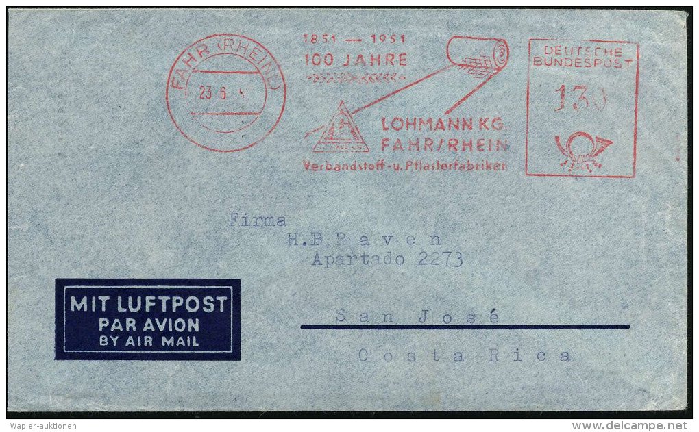 FAHR (RHEINL)/ 1851-1951/ 100 JAHRE/ LOHMANN KG/ Verbandsstoff- U.Pflasterfabriken 1956 (23.6.) Jubil.-AFS 130 Pf.... - Other & Unclassified