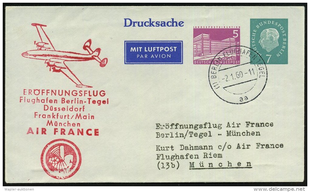 (1) BERLIN FLUGHAFEN TEGEL/ Aa 1960 (2.1.) 2K Auf PU 5 Pf. OPD + 7 Pf. Heuss III + Roter HdN: ERÖFFNUNGSFLUG/... - Other & Unclassified