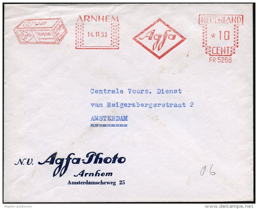 NIEDERLANDE 1953 (14.11.) AFS: ARNHEM/FR 5266/Agfa/Isopan.. = Filmpack "Isopan" (u. Agfa-Logo) Klar Gest.... - Other & Unclassified