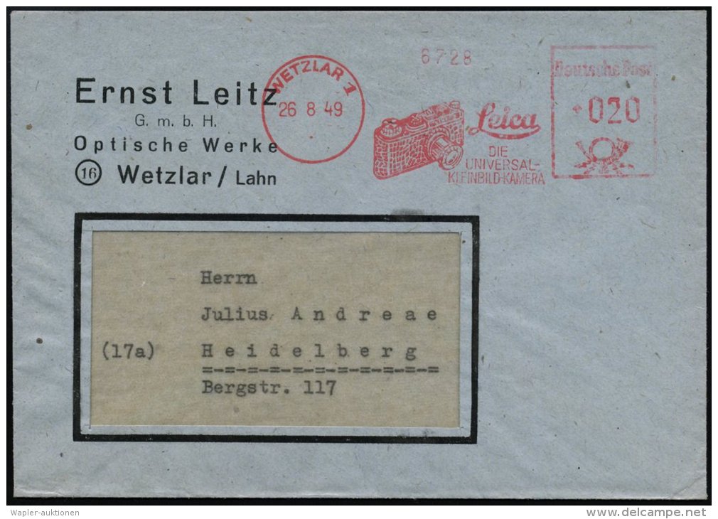 WETZLAR 1/ Leica/ DIE/ UNIVERSAL-/ KLEINBILDKAMERA 1949 (26.8.) AFS = Kleinbildkamer "Leica" , Firmen-Bf.: Ernst... - Other & Unclassified