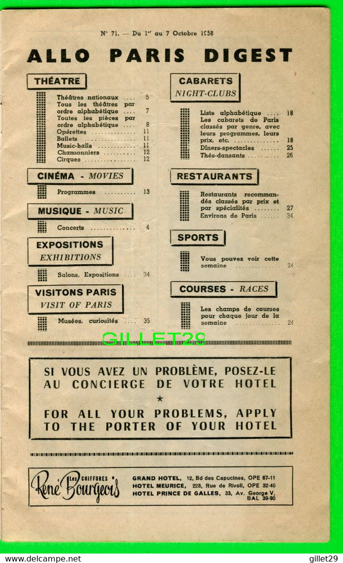 REVUE - ALLO PARIS, L'HEBDOMADAIRE DU PARISIEN, OCT. 1958 - L'HEBDOMADAIRE DU PARISIEN OFFERT PAR LES GRAND HOTEL = - 1950 à Nos Jours